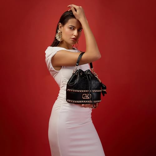 Akiki London Women's Hanwell 21 Small Bucket Bag|comes with a Dog Charm|Metal Finish|Stylish Ladies Purse|Party Handbag for Women