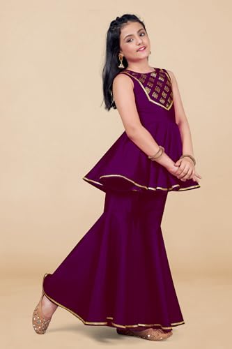 Fashion Dream Girl's Cotton Blend Printed Salwar Suit Set|Kids Salwar Suit Set|Ethnic Wear for Kids|Suit for Girls|Sharara Set for Girls (FDGSET00492 PRP 36_Purple_11-12 Years)