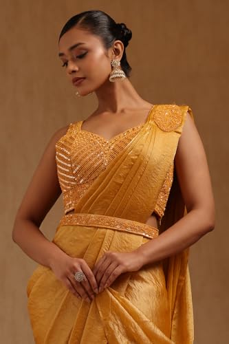 Soch Womens Mustard Organza Solid Ready to Wear Saree