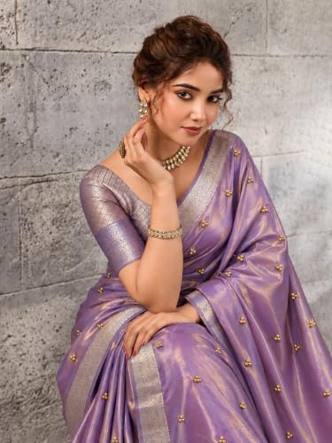 Kryone Ghungroo Saree for Women with Blouse Piece | Tissue Silk Ghungroo Work Saree | Ghungroo Wali Sari with Zari Border for Wedding, Reception, Sangeet, Engagement & Festive Occasions