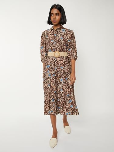 Max Women Printed Tiered Dress with Belt(Brown_XS)