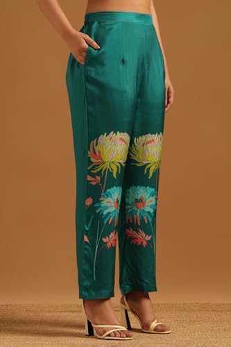 Soch Womens Teal Green Muslin Botanical Kurta Set With Hand Embroidery and Bead Details