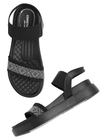 KENNETH COLE Women's Flatform Sandal | Premium Synthetic Upper | Ladies Open-Toe, Slingback Design, Cushioned Footbed | Beaded-Embellished Strap, Ruffled Edges | Black