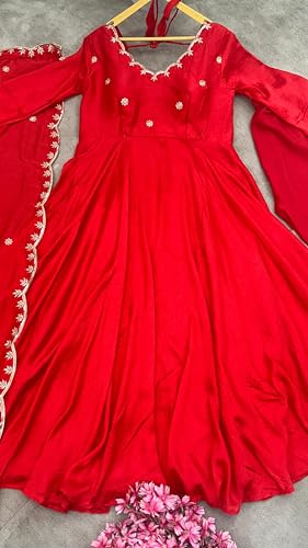 Traditional Red Anarkali Dress with Embroidered Details, Elegant Traditional Style (in, Alpha, XL)