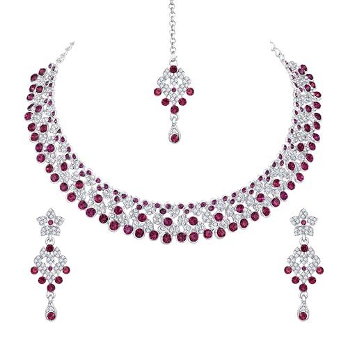 Atasi International Silver Plated Dark Pink and White American Diamond Necklace with Earrings Jewellery Set for Womens and Girls, Perfect for Parties and Festive Occasion (RR4073)