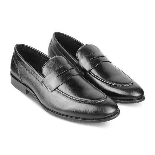 tresmode Dawson Men's Driving Loafers Leather Shoes Black, 9 UK / 43 EU - Round Toe TPR Sole Casual Footwear Penny Soft - Light Weight, Comfortable and Long Life