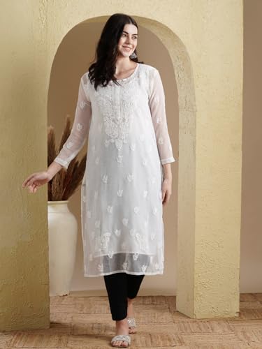 Ada Hand Embroidered Lucknowi Chikankari Women's Georgette Kurta Set with Slip A811191 White (XL)