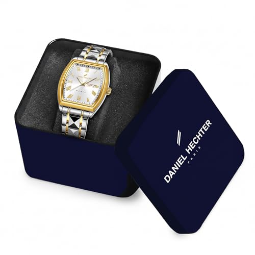 Daniel Hechter Duroc Collection Luxury Watch for Men with Roman Indices, Day-Date Display and Two-Tone Studded Stainless Steel Strap (White)