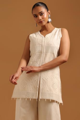 Soch Womens Cream Cotton Embroidered Mirror-Work Kurta Set