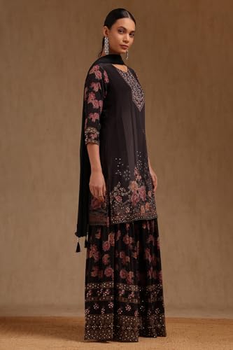 Soch Womens Black Crepe Floral Print Suit Set With Beads