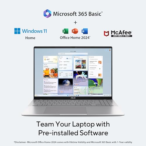 ASUS Vivobook S16, Intel Core Ultra 5 225H, 16GB RAM, 512GB SSD, FHD+ 16", Windows 11, Office Home 2024, Cool Silver, 1.7Kg, S3607CA-RP065WS, Intel iGPU, M365 Basic (1Year)* Metallic Design Laptop