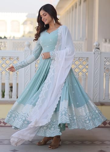 Fashion Basket Blue Women's Faux Georgette Anarkali Gown with Dupatta (XX-Large)