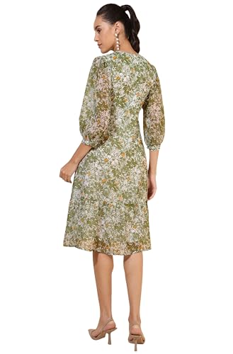 Janasya Women's Olive Georgette Floral Printed A-Line Dress(JNE4347-DR-S)