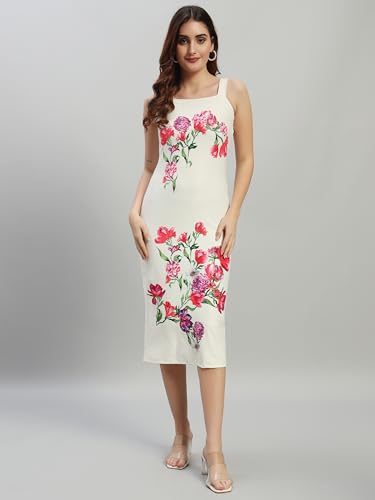 Attire Empire Women White Floral Print Split Hem Back Cami Dress