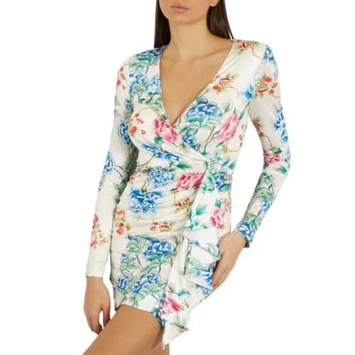 GUESS Women's White Polyester Floral Print Regular Fit Full Sleeves Dress