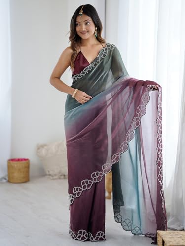 AKHILAM Women's Metallic Satin Ombre Printed Saree With Unstitched Blouse Piece (AARYAN20703_KR)