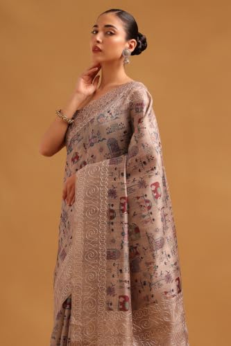 Soch Womens Beige Tussar Kantha Embroidered Warli Saree