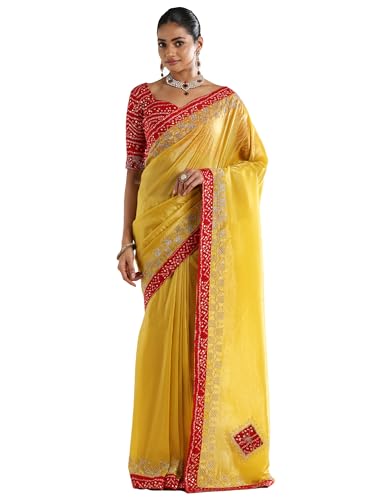 AKHILAM Women's Yellow Tissue Embellished Embellished Saree With Unstitched Blouse Piece (ANIKA3901_AG)