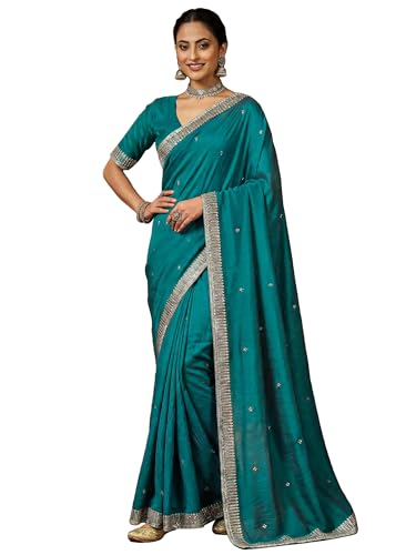 AKHILAM Women's Light Blue Vichitra Silk Embellished Saree With Unstitched Blouse Piece (GOPI4401_AI)