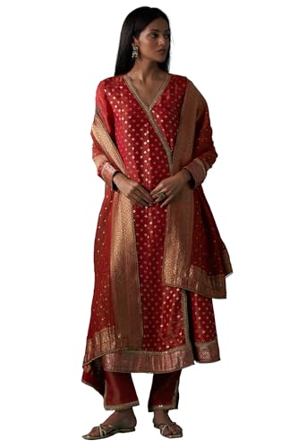 Wishful Women's Red Embroidered Tissue Jacquard Angarkha Kurta with Pant and Dupatta Set (SP12835-314436-2XL)
