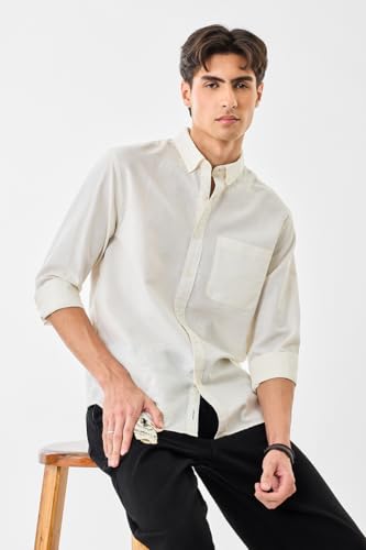 SNITCH Men Formal Shirt | Regular Fit Full Sleeve Button-Down Collar Solid Pattern | Premium Cotton Linen Blend & Breathable Fabric for Office & Casual Wear | Off White