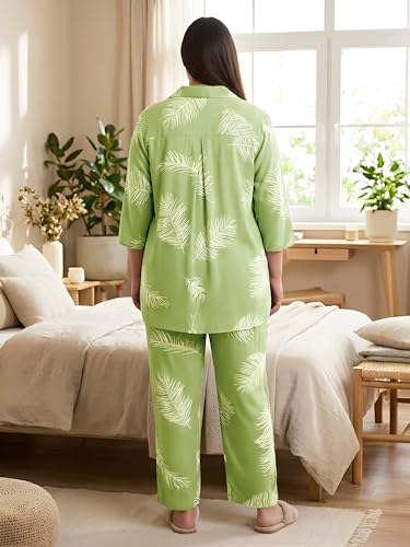 Indietoga Women Green Leaf Print Rayon Shirt and Pyjamas Nightsuit (PS50001466_Green Printed_6XL)
