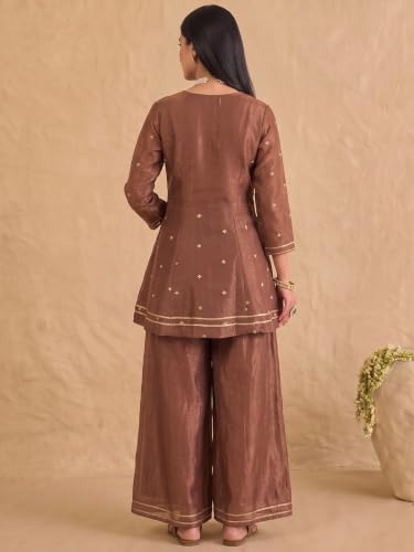 Varanga embroidered brown kurta set with palazzo and dupatta.