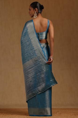 Soch Womens Turquoise Blue Georgette Floral Zari Woven Saree