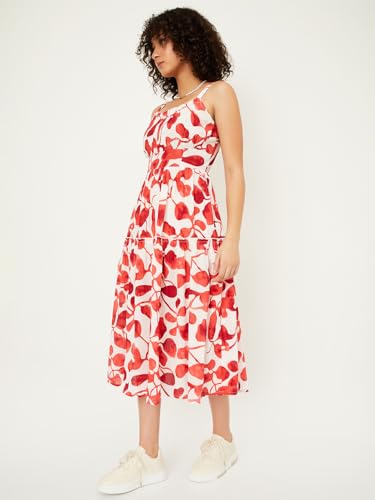 Max Women Printed Tiered Dress, Beige, XL