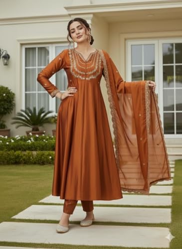 LookMark Women’s Orange Silk Blend Embroidered Anarkali Kurta with Dupatta | Full Length Ethnic Dress | Long Sleeves-AZ-LM-OG1-KS2514 Orange-L
