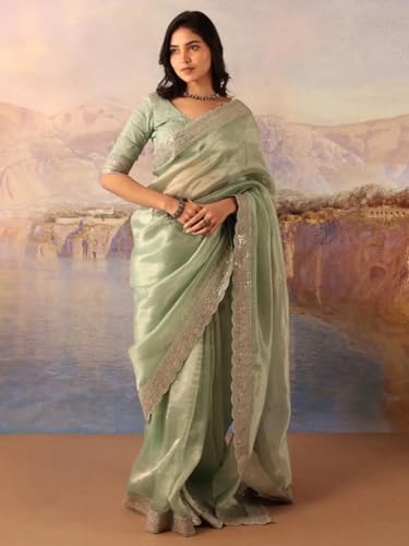 AKHILAM Women's Sea Green Organza Embellished Saree With Unstitched Blouse Piece (BITTI651_JR)