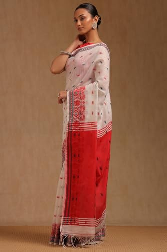 Soch Womens White Cotton Woven Design Saree