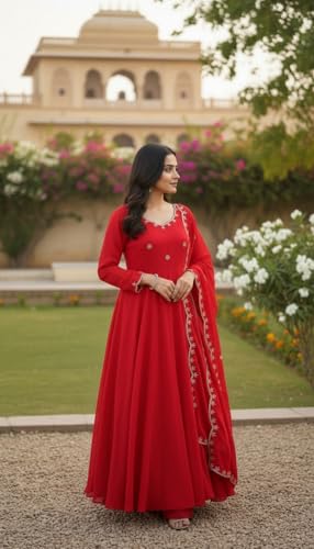 Traditional Red Anarkali Dress with Embroidered Details, Elegant Traditional Style (in, Alpha, XL)