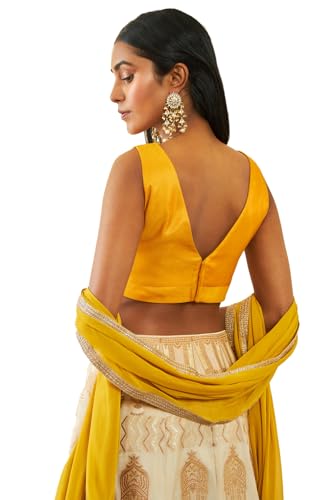 Soch Womens Mustard Tussar V-Neck Back-Open Sleeveless Blouse