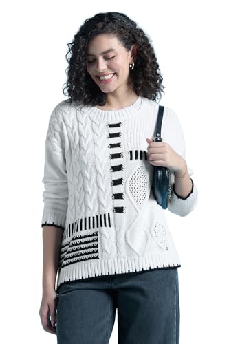 Women White Patterned Round Neck Casual Sweater