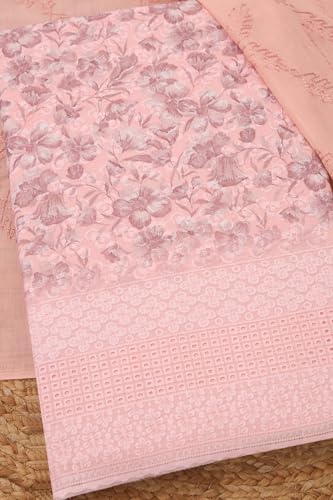 Soch Womens Peach Cotton Floral Print Unstitch Dress Material With Thread Work