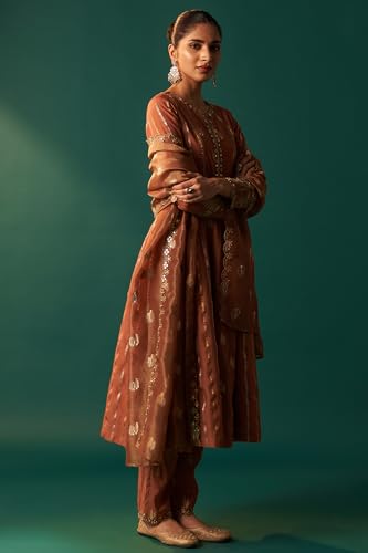 Wishful Women's Copper Brown Metallic Embroidered Flared Chanderi Kurta with Straight Pant and Dupatta Set (SP12566-314269-S)