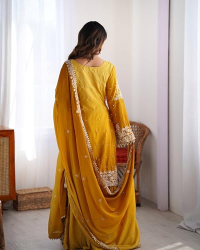 LEELI PEERI DESIGNER Women's Chinon Silk Mustard Embroidery Kurta Sharara Set With Dupatta(45PDM6-XL)