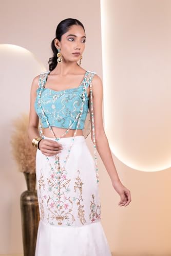 The Behruz Theory Designer Fish Tail Lehenga Set (Teal and Ivory, Medium)