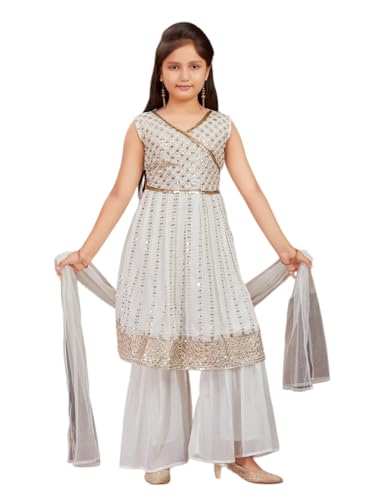 Aarika Girls Ethnic Wear Off White Colour Sequins Zari Embroidery Georgette Kurti Sharara Set (6-16 Years)