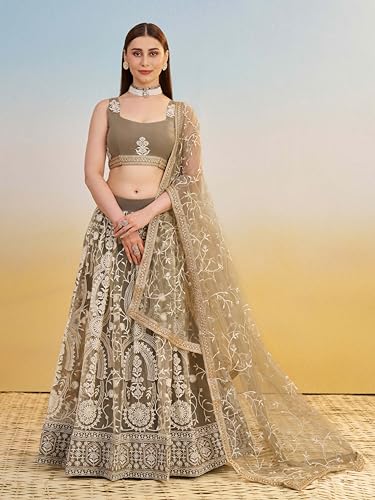 Zeel Clothing Women's Cotton Thread Sequins Work Embroidery Soft Net Lehenga Choli With Dupatta (NFH-2144-Ivory-Women-Lehenga-Choli-New; Free size) (Ivory)