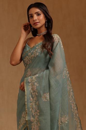 Soch Womens Green Linen Floral Printed Zari Embroidered Saree
