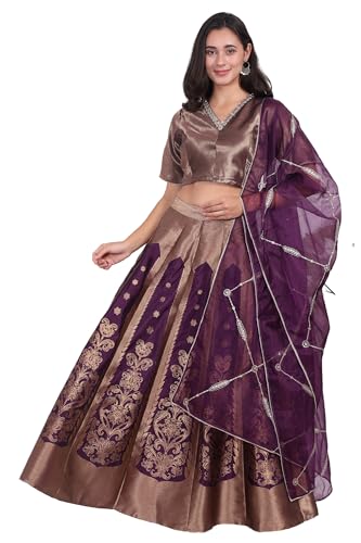 W for Woman Purple Embellished Jacquard Straight Crop Top, Skirt and Dupatta Set - (WS13240-314468-3XL)