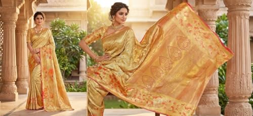 VFCollections Women's Traditional Handloom Kanchipuram Silk Pure Pattu Sarees – Flowers Border | Rich Zari Woven Design | Bridal Saree | Unstitched Blouse 1