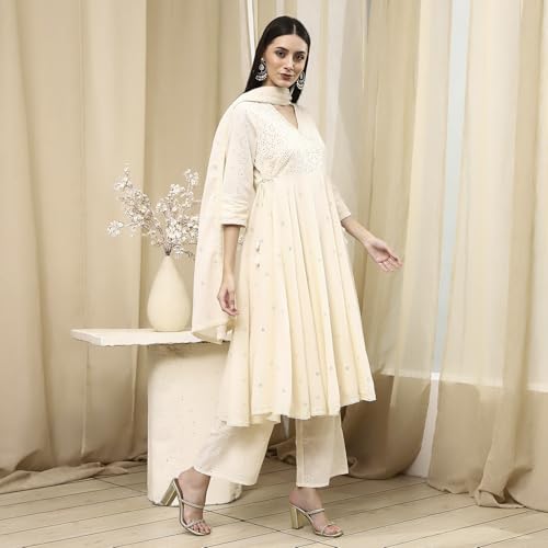 Biba Women Off-White Cotton Schiffli Anarkali Suit Set_42