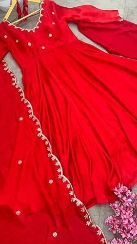 Traditional Red Anarkali Dress with Embroidered Details, Elegant Traditional Style (in, Alpha, XL)