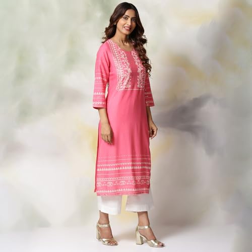BIBA Women Pink Rayon Straight Kurta Palazzo Suit Set_46