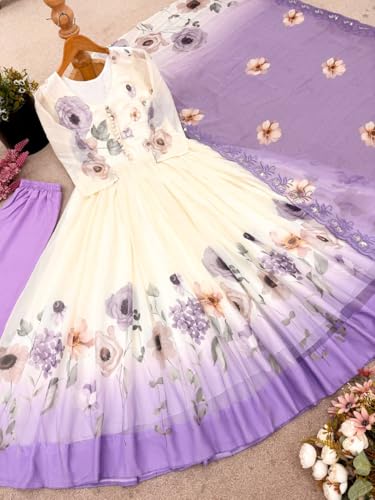 SAMUYA Women’s Fully Stitched Faux Georgette Embroidered Sequence Work Gown – Ready-to-Wear Ethnic Outfit for Parties & Festive Occasions (in, Alpha, XL, Regular) Purple and White