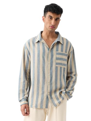 The Souled Store Cotton Linen Stripes: Coastal Men and Boys Long Sleeves Collared Neck Button Front Regular Fit Cotton Linen Shirts