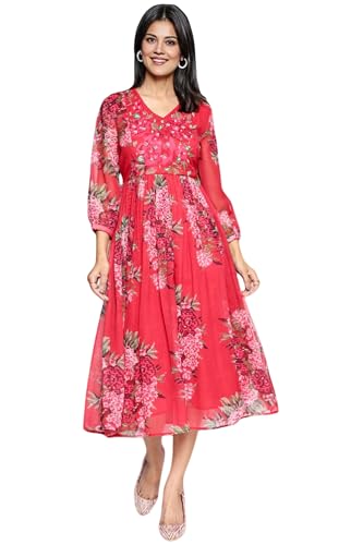 W for Woman Crimson Red Printed Chiffon Flared Dress (Size: M)-W12964-125850